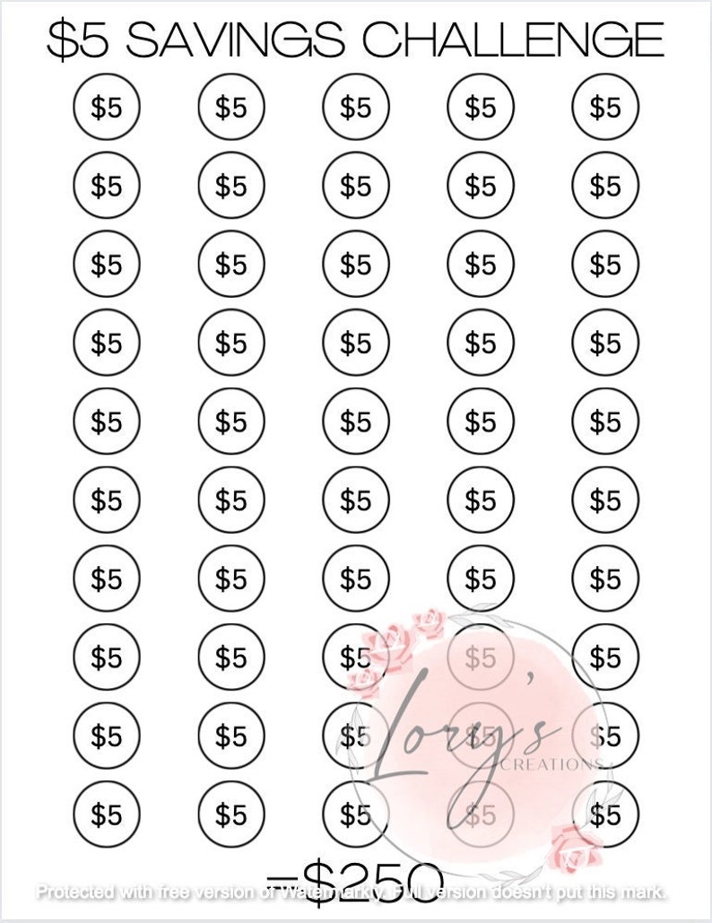 5 DOLLAR SAVINGS CHALLENGE, Money Savings Challenge, Printable Five ...