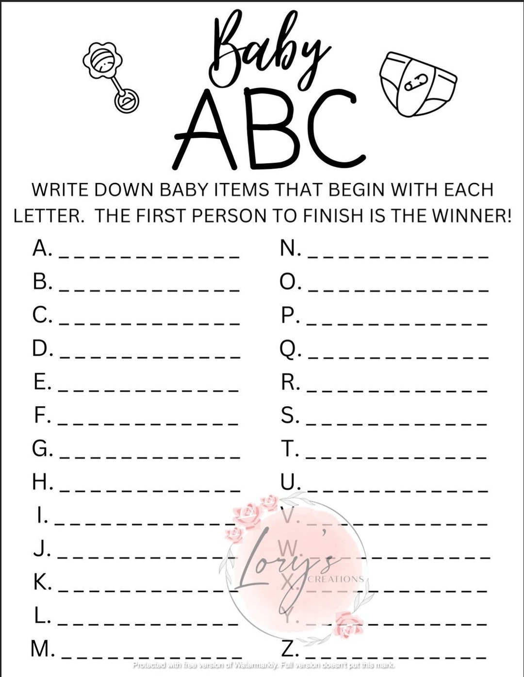 BABY ABC Baby Items AZ Game, Printable Game, Gender Neutral Baby
