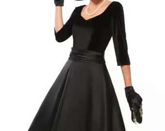 Black Satin Velvet Pin Up Rockabilly Dress M