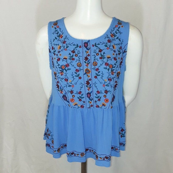 Vintage 90's Umgee Blue Floral Embroidered Flowy P