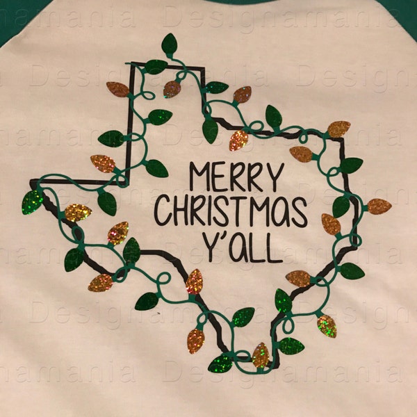 Texas Merry Christmas Y'all shirt sparkle Christmas lights GREEN AND GOLD raglan baseball tee