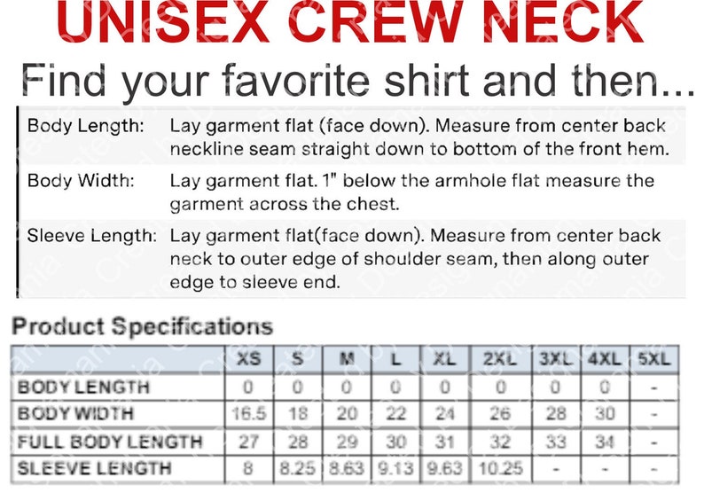 Op de afbeelding: Een tabel met de maten voor unisex crew neck shirts in inches. De tabel toont de maten voor lichaamslengte, lichaamsbreedte, volledige lichaamslengte en mouwlengte. De maten vari&euml;ren van XS tot 5XL.