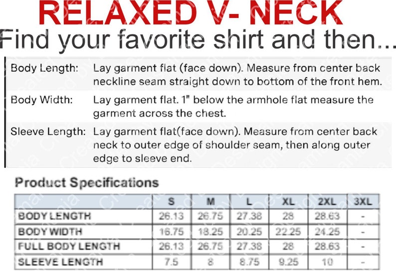 Op de afbeelding: Een tabel met maatspecificaties voor een relaxed V-hals shirt. De tabel geeft de maten in inches voor lichaamslengte, lichaamsbreedte, volledige lichaamslengte en mouwlengte. De maten omvatten S, M, L, XL, 2XL en 3XL.