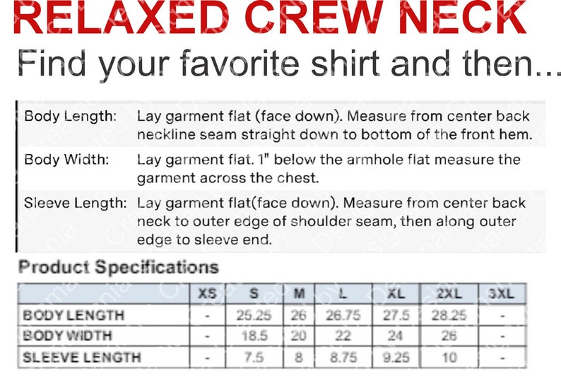 Op de afbeelding: Een maattabel voor een relaxed crew neck shirt. De tabel toont de afmetingen in inches voor lichaamslengte, lichaamsbreedte en mouwlengte voor de maten XS, S, M, L, XL, 2XL en 3XL.