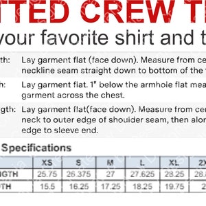 Op de afbeelding: Een tabel met de afmetingen voor een fitted crew neck t-shirt in de maten XS, S, M, L, XL, 2XL en 3XL. De tabel toont de lichaamslengte en de lichaamsbreedte in inches.