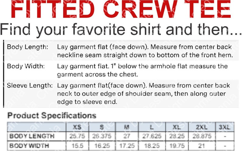 Op de afbeelding: Een tabel met de afmetingen voor een fitted crew neck t-shirt in de maten XS, S, M, L, XL, 2XL en 3XL. De tabel toont de lichaamslengte en de lichaamsbreedte in inches.
