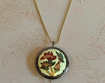 Butterfly VTG 60s Cream Cloisonne and Guilloch\u00e9 Pendant Asian Locket  WFlowers