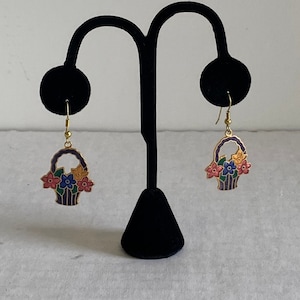 Enamel and Cloisonne Dangle Earrings, Spring Basket Earrings, Spring earrings, Flower Basket earrings, Easter Enamel Cloisonne Earrings