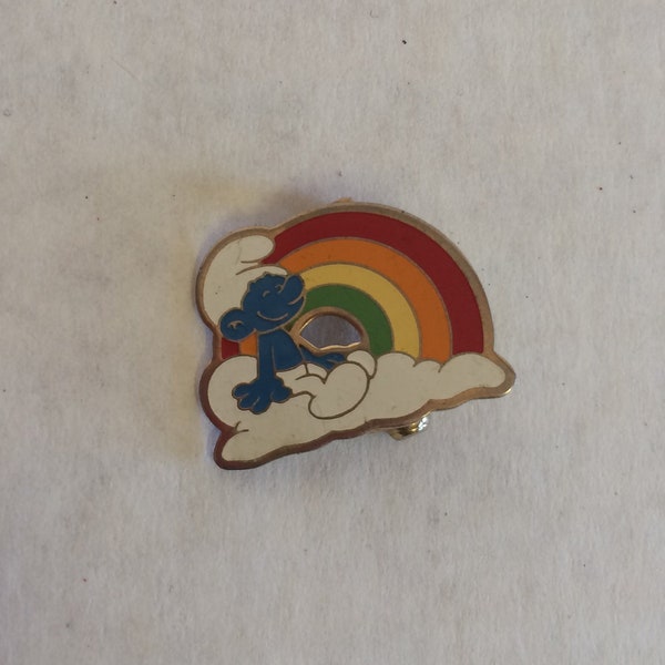 Vintage Smurf Pin, Smurfs Pin, Peyo Smurf Pin, Smurf Brooch Pin, Smurf Sitting on Cloud with Rainbow pin,Vintage Cloisonne pin