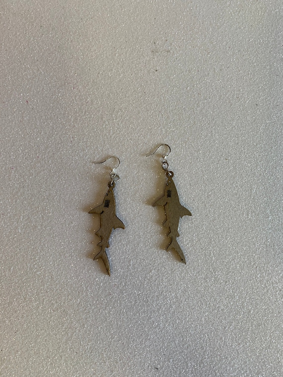 Dangling Wood Earrings, Wooden Shark Earrings, Vintage Wood Carved