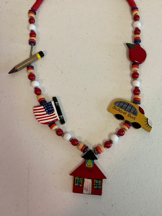 Back To School Themed Necklace Wooden Bead Necklace Gem Back To School Themed Necklace Wooden Bead Necklace Gem