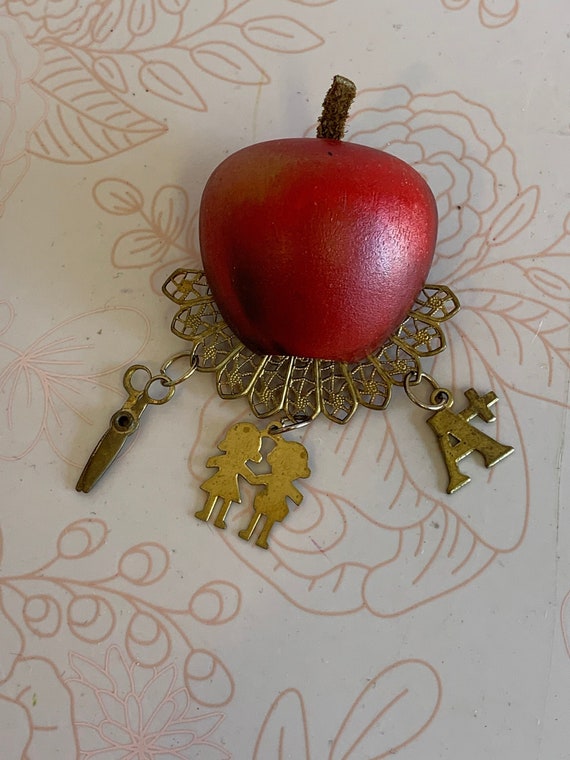 Vintage Apple Pin, Vintage Apple Brooch, wooden a… - image 2