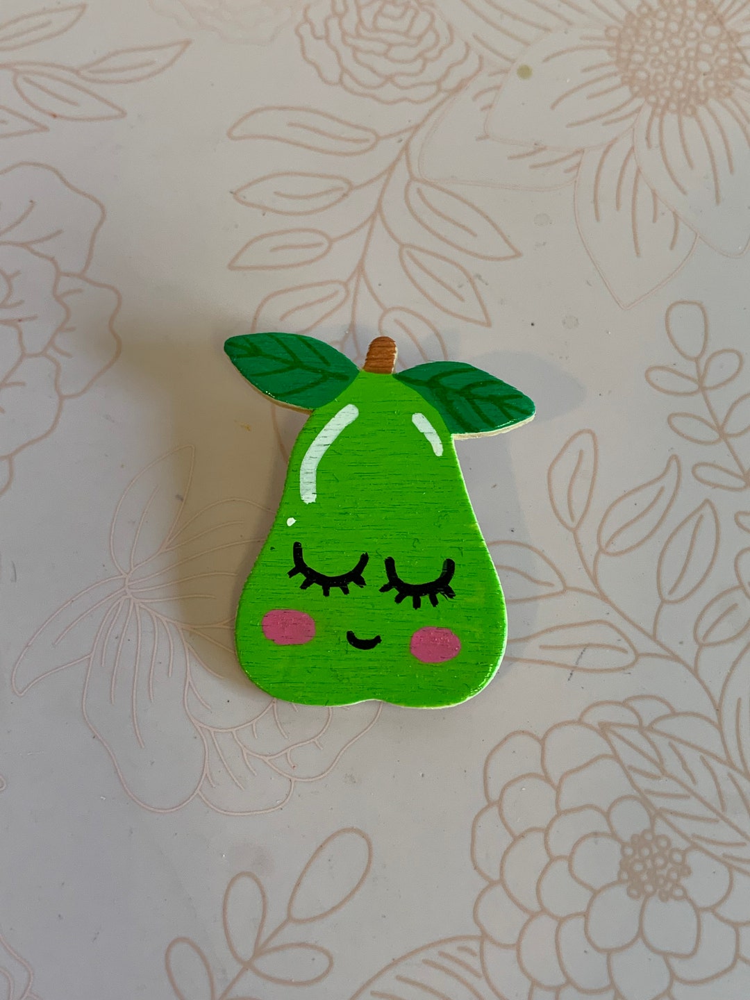 Hand Painted Wooden Pin, Handmade Pear Pin, Wooden Pear Pin