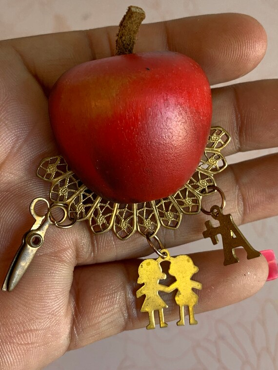 Vintage Apple Pin, Vintage Apple Brooch, wooden a… - image 3