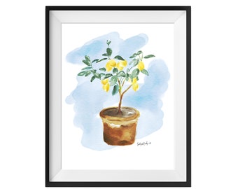 Lemon Tree Watercolor, Citrus Painting Home Decor