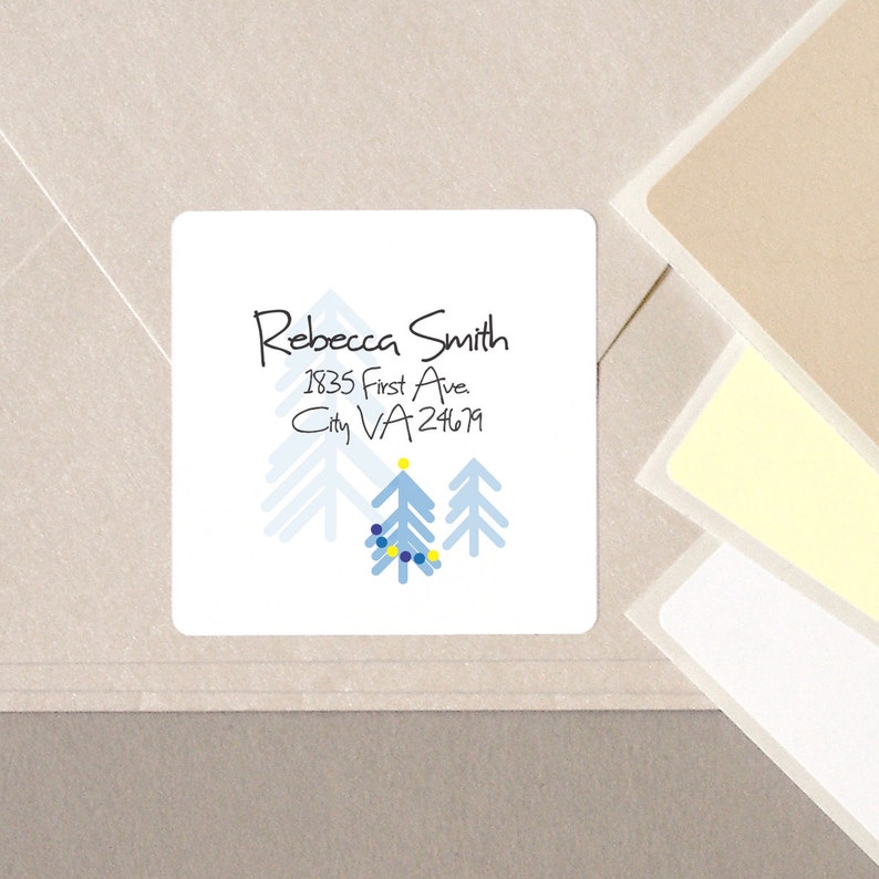 return address Christmas label stickers contemporary minimalist Christmas Tree BLUE personalized square 20 medium 2 address envelope seals