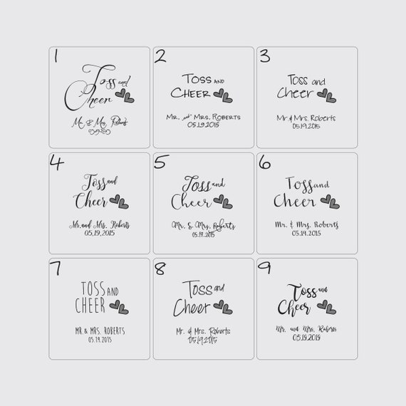 TOSS and CHEER wedding label stickers modern minimalist personalized round square white kraft paper wedding table confetti packets seals