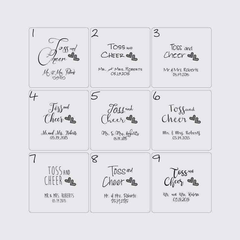TOSS and CHEER wedding label stickers modern minimalist personalized round square white kraft paper wedding table confetti packets seals