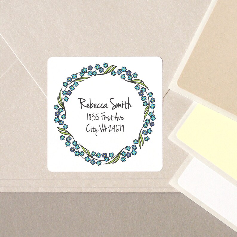 return address FORGET-ME-NOT wreath label stickers blue flowers minimalist personalized square 20 medium 2 white cream tan envelope seals