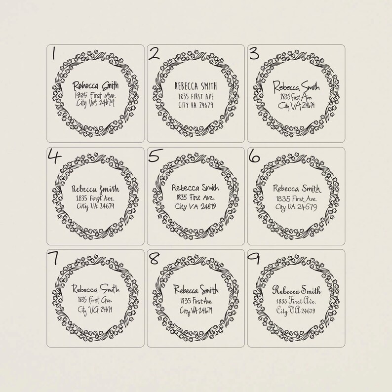 return address FORGET-ME-NOT wreath label stickers blue flowers minimalist personalized square 20 medium 2 white cream tan envelope seals