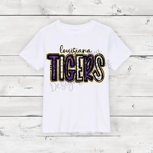 Louisiana Tigers shirt, purple gold & white doodle letter tee.
