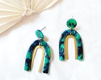 Green Statement Dangles | Tortoise Shell Brass Earrings | Arch Geometric Earrings | Modern  Boho Everyday Earrings | Gifts for her