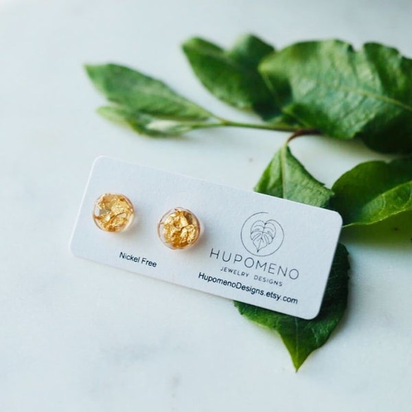 Clear and Gold Earrings | Gold Flakes Minimalist | Statement Earrings | Geometric Round Small Studs