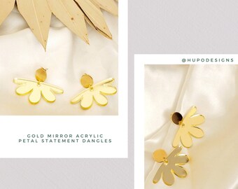 Gold Mirror Acrylic | Spring Flower Petal Earrings | Laser Cut Statement Dangles