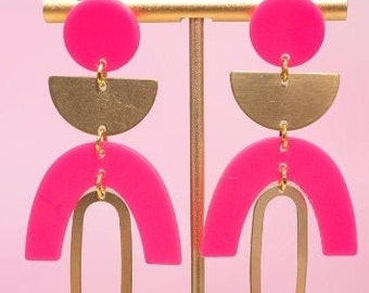 Hot Pink Acrylic Arch Earrings | Bright Lightweight Earrings | Colorful Trendy Earrings | Fun Bright Pink Earrings | Geometric Brass Dangles