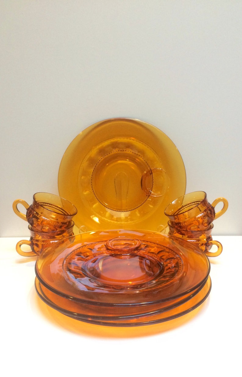 Vintage Gold Crown Amber Glass Snack Sets Set of Four Etsy