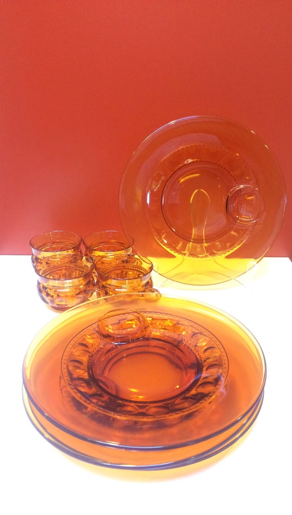 Vintage Gold Crown Amber Glass Snack Sets Set of Four Etsy