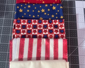 4 Half Yards Patriotic Quilt Cotton Fabric Red White Blue Stars, Stripes, American Flag Fourth of July Fabric