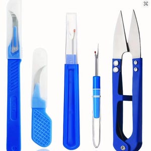 May include: A collection of blue and silver sewing tools, including a seam ripper, scissors, and craft knives. The tools have blue handles and protective covers. The blades are silver and sharp, designed for precision cutting and fabric manipulation.