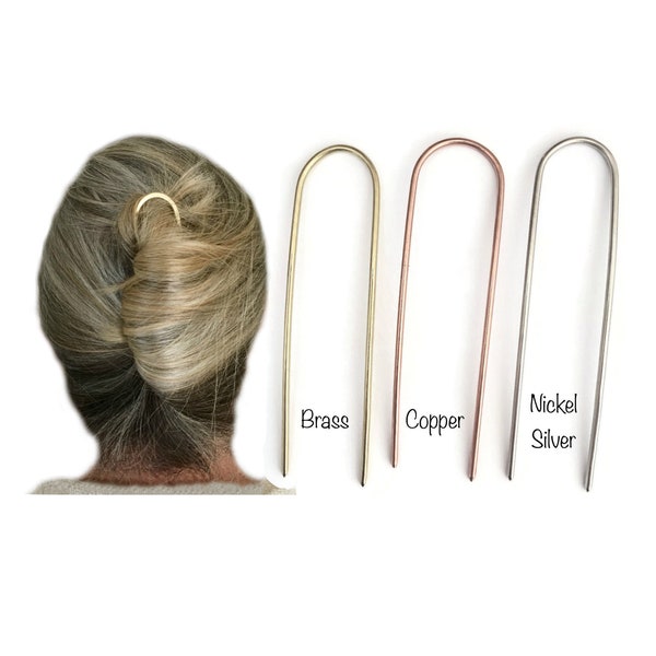 Simple Hair Fork, Bun Holder Pin for FINE Hair, U Shaped Hair Prong, Minimalist Metal Hair Stick Slide, Man Bun Holder, Gift Women Men