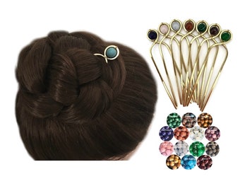 Decorative Hair Pin, Jade Hair Fork, Brass Bun Holder, Gemstone Hair Pick, U Shaped Hair Pin, MEDIUM HAIR Accessory,  Gift