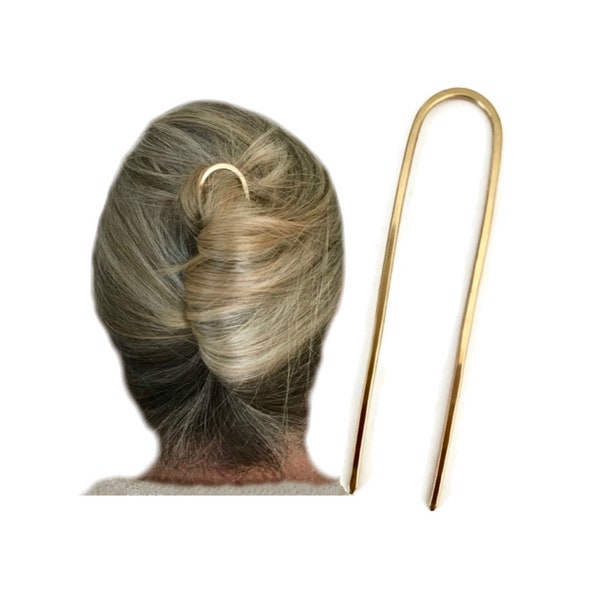Brass Hair Fork, Hair Bun Holder, U Shaped Hair Pin, Gold Hair Stick, Metal Hair Slide Prong, MEDIUM Hair Pick, Man Bun Pin, Gift Women MEN