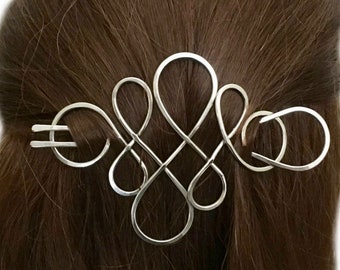 Celtic Diamond Hair Barrette, Silver Bun Holder, U Shaped Hair Pin, Nickel Silver Hair Fork, Hair Slide, Hair Bun Cage, Long Hair Accessory