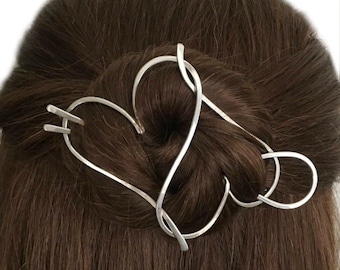 Heart Hair Stick Barrette, Silver Bun Holder, Silver Hair Fork, Heart Hair Slide, Metal Hair Clip, U Shaped Hair Pin, Gift for Women