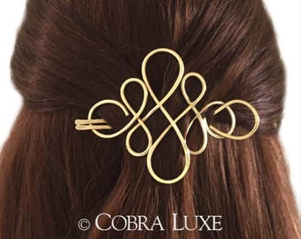 Hair Stick Barrette, Brass Celtic Diamond Bun Holder, U Shaped Hair Pin, Hair Fork, Hair Slide Clip, Hair Bun Cage,  Boho Indie Hair Holder