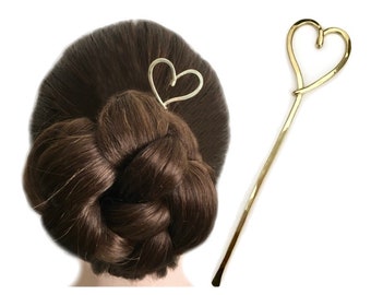 Heart Hair Fork Brass Bun Holder Gold Hair Pin Heart Hair Prong FINE HAIR