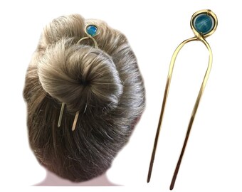 Decorative Hair Pin, Gemstone Hair Fork for MEDIUM and THICK Hair, Brass Copper Bun Holder, Gemstone Hair Pick Pin Slide, Gift Women Men