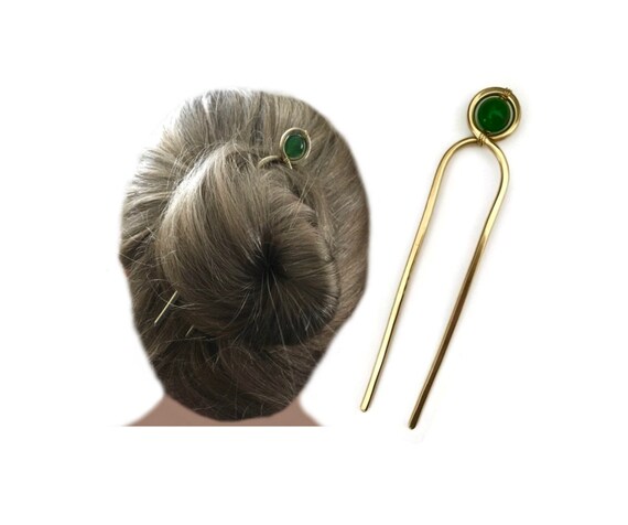 Decorative Hair Pin Gemstone Hair Fork Brass Bun Holder Etsy