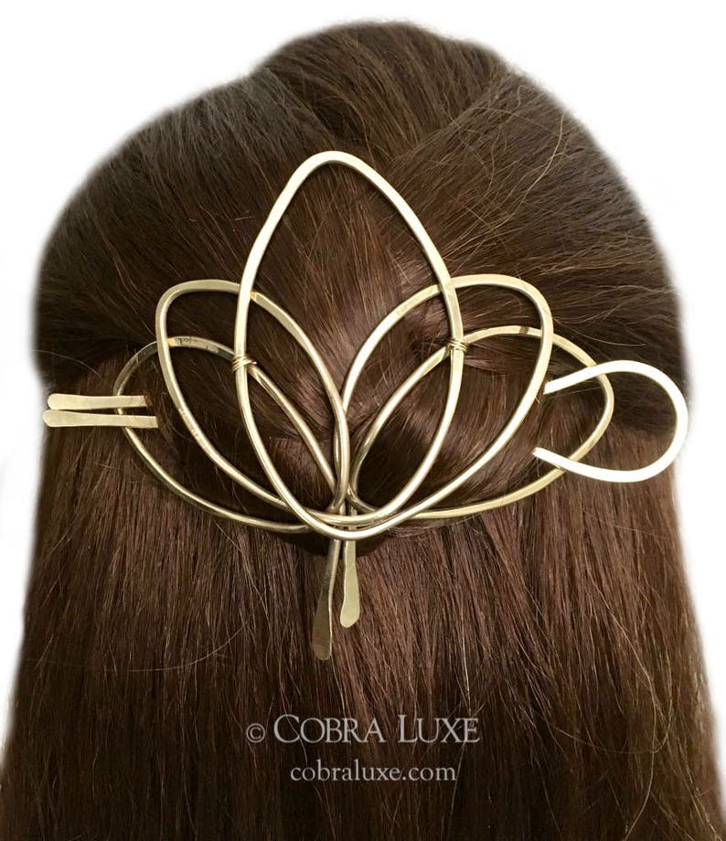 Lotus Hair Barrette Brass Bun Holder Long Hair Clip Gold Etsy