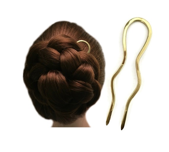 Curved Hair Fork Brass Bun Holder U Shaped Hair Pin Gold Etsy