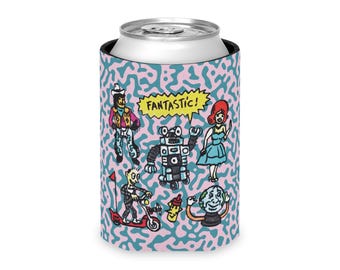 Playhouse Pattern Can Cooler | Retro Cartoon Icons, White Neoprene