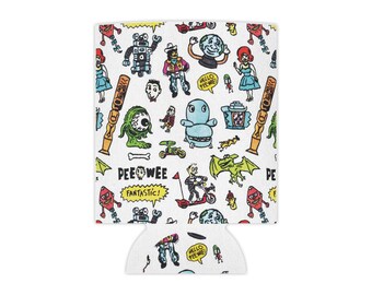Playhouse Pattern Can Cooler | Retro Cartoon Icons, White Neoprene