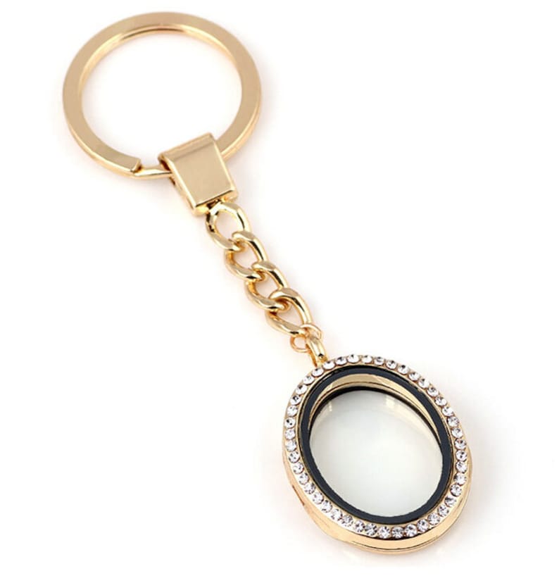OVAL Keychain Floating Locket Glass Locket with Rhinestones Etsy