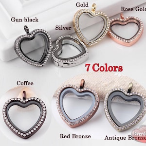 30mm Flat Heart Rhinestones Floating Locket Pendant ,Magnet Glass Locket ,living locket charm,Silver memory locket , Glass Locket , 7 Colors
