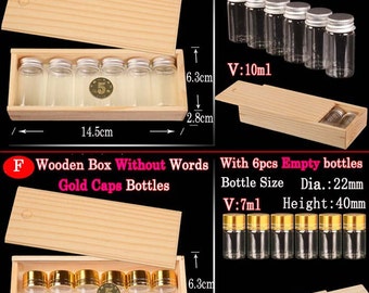 Wooden Box With A Set(6pcs) DIY Wishing Aluminum / Gold Caps Empty Glass Bottles,Mini Empty Wishing Glass Vials,As gift to her/him.