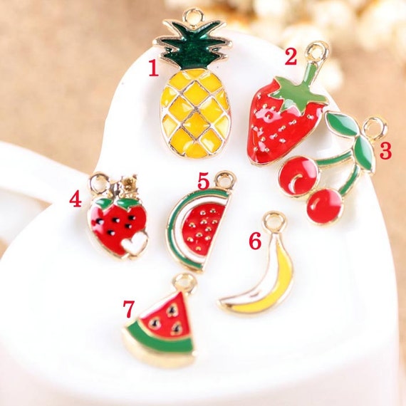 10pcs ananas/berries/cherry/watermelon/banana Shaped Charm,Color Oil Drop Metal DIY Jewelry Rose Gold Alloy Charm,Bracelet/Bowknot material